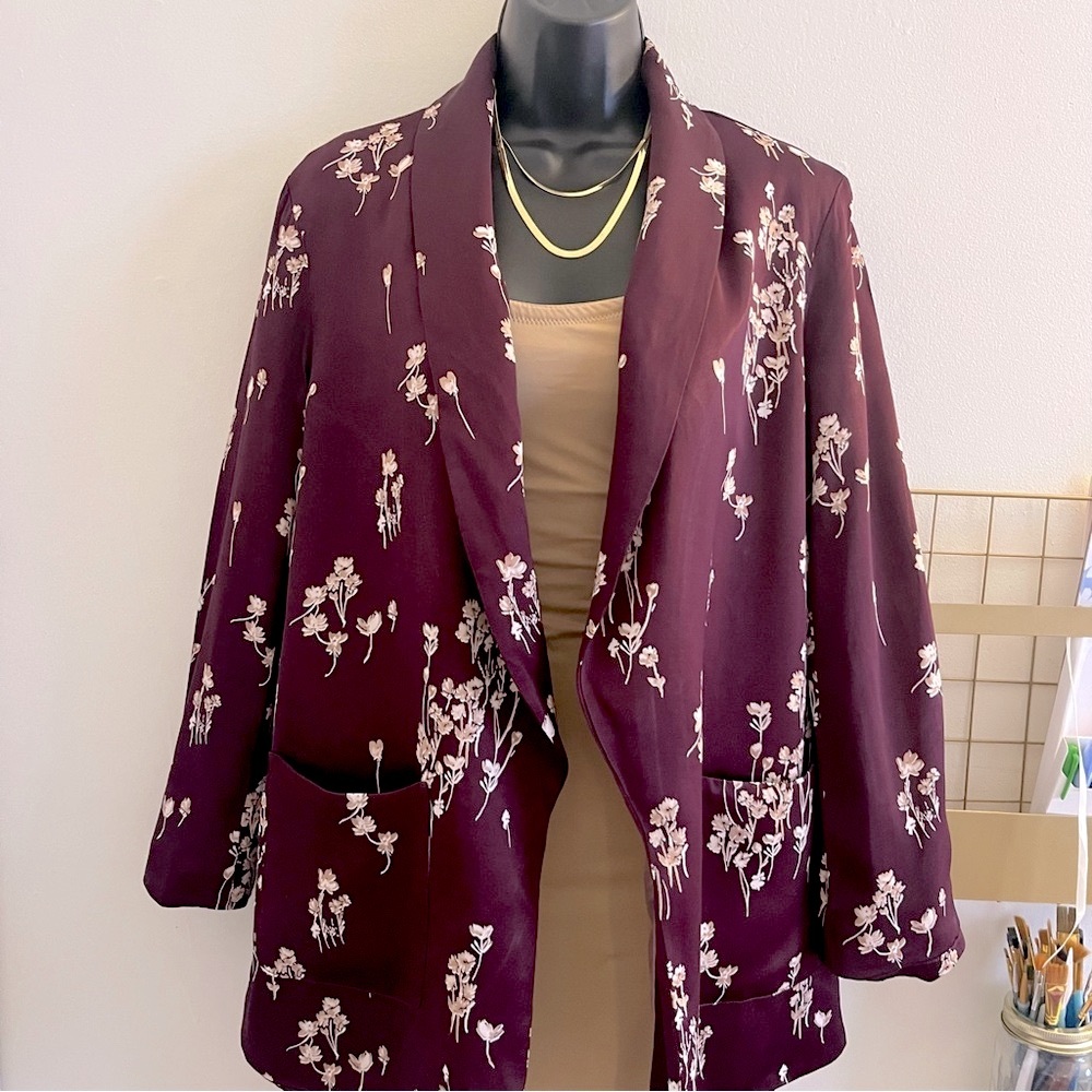 Ett:Twa by Anthropologie Floral Blazer in Burgundy and Cream